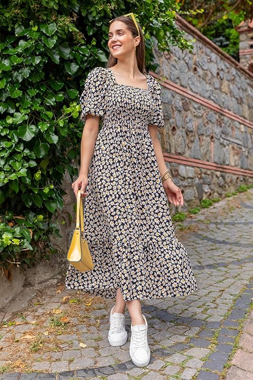 Sheetal Associates Women's Casual Flower Print Puff Sleeves Maxi Dress - Pack of 1