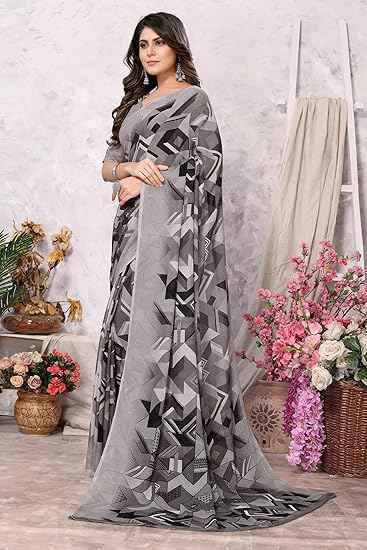 Women's Trendy Printed Georgette Saree with Blouse Material