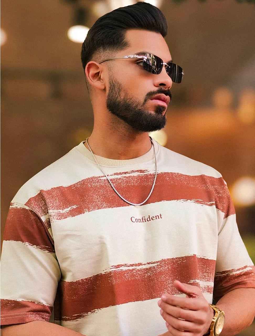 Men Striped Round Neck Oversized T-shirt
