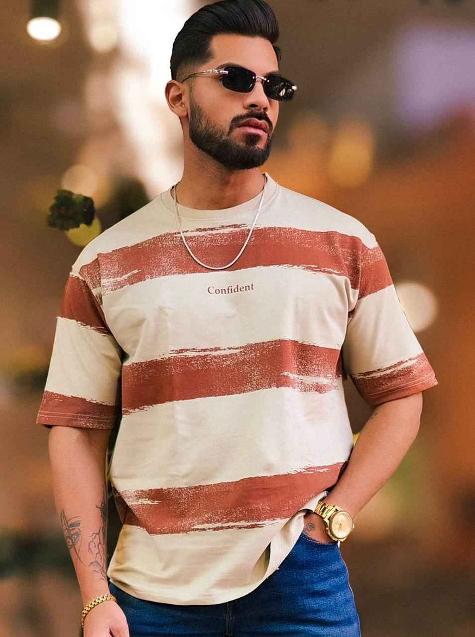 Men Striped Round Neck Oversized T-shirt