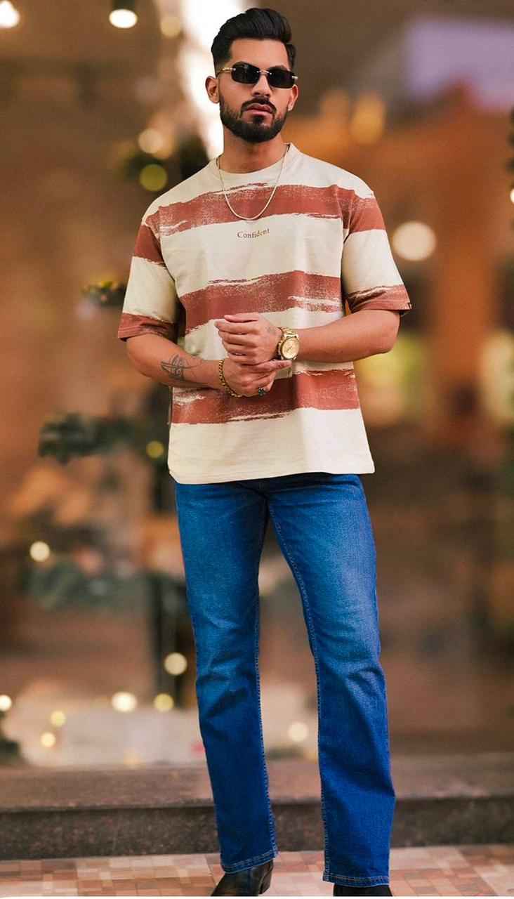 Men Striped Round Neck Oversized T-shirt