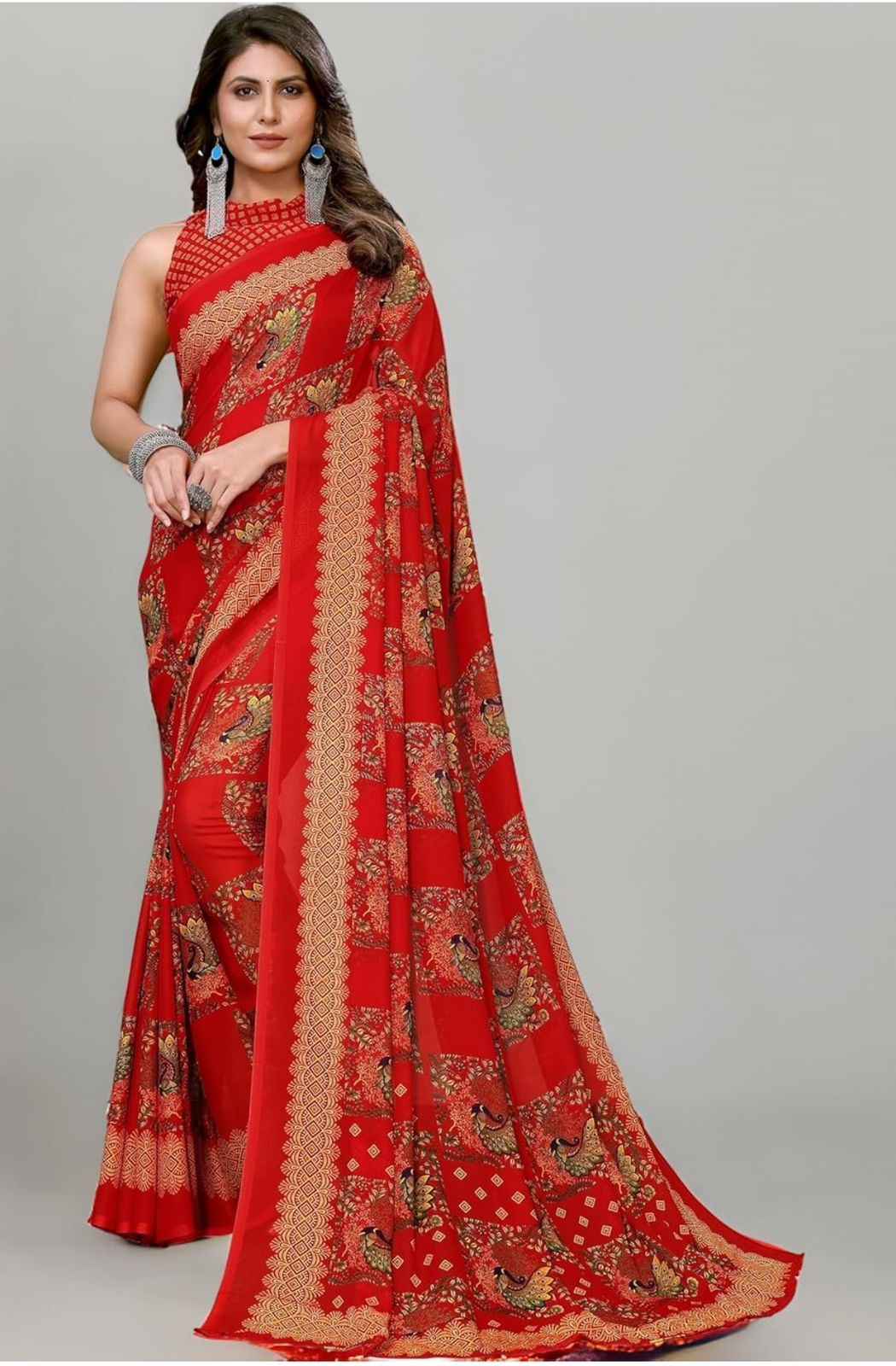 Women's Trendy Printed Color Saree with Blouse Material