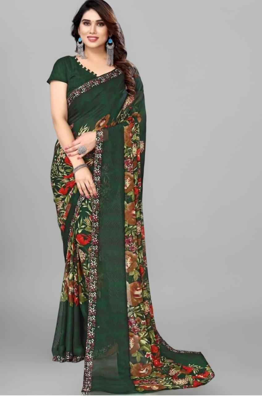 Women's Printed Trendy Georgette Green Color Saree With Blouse Material