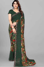 Women's Printed Trendy Georgette Green Color Saree With Blouse Material