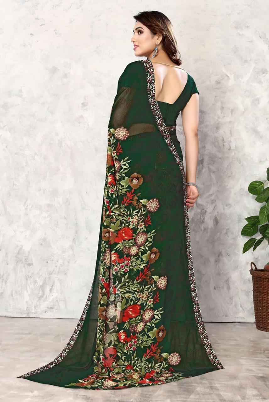 Women's Printed Trendy Georgette Green Color Saree With Blouse Material