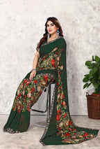 Women's Printed Trendy Georgette Green Color Saree With Blouse Material