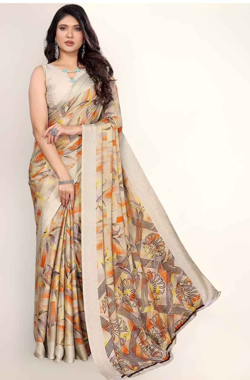 Women's Tussar Silk Printed Saree With Blouse Material