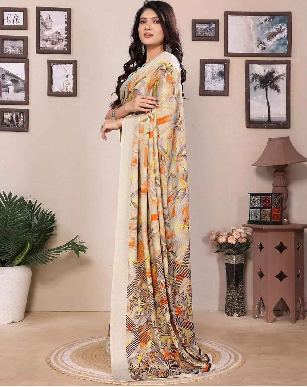 Women's Tussar Silk Printed Saree With Blouse Material
