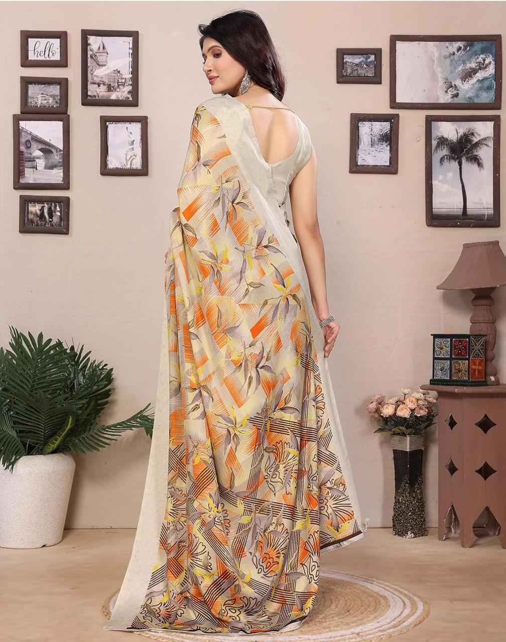 Women's Tussar Silk Printed Saree With Blouse Material