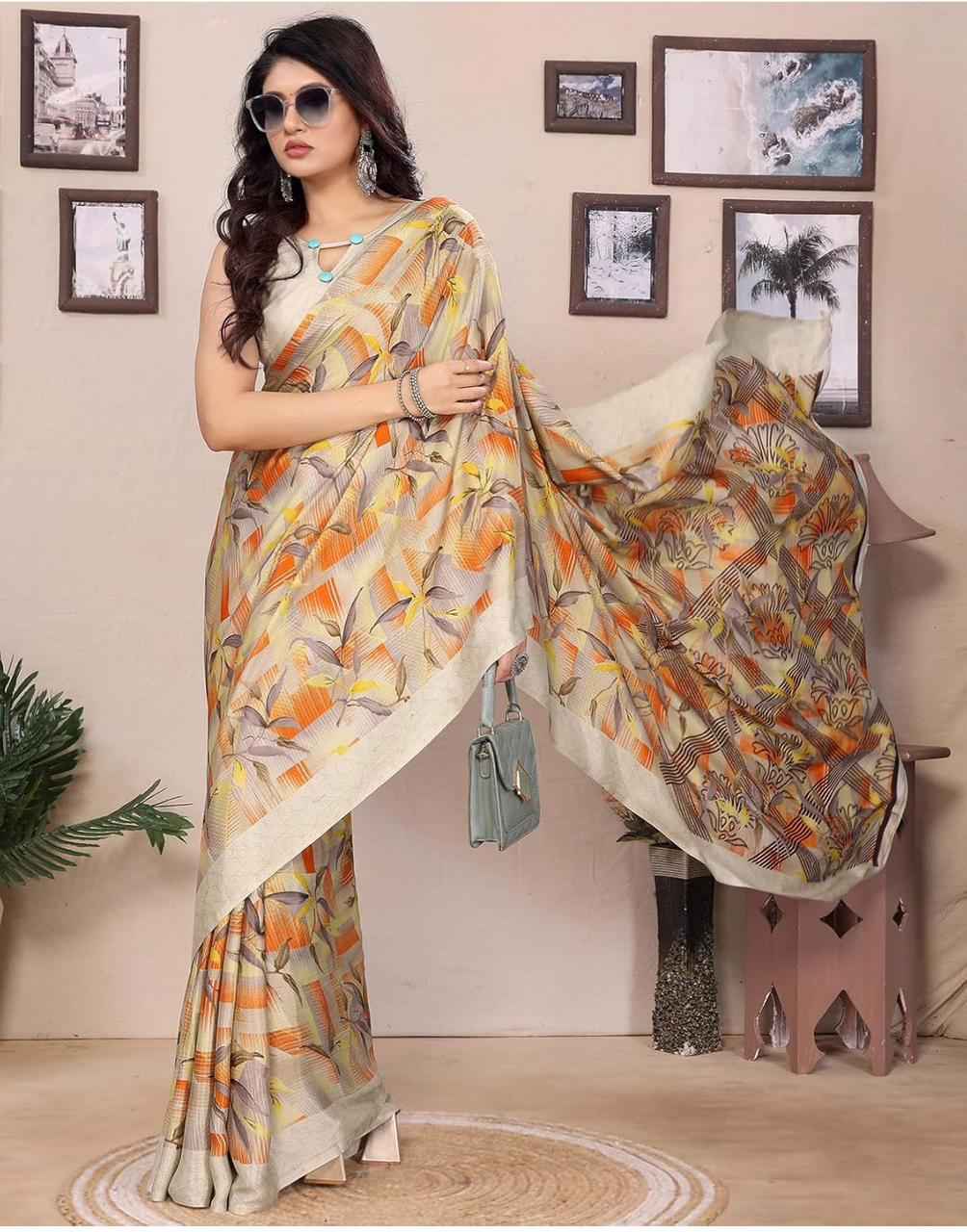 Women's Tussar Silk Printed Saree With Blouse Material