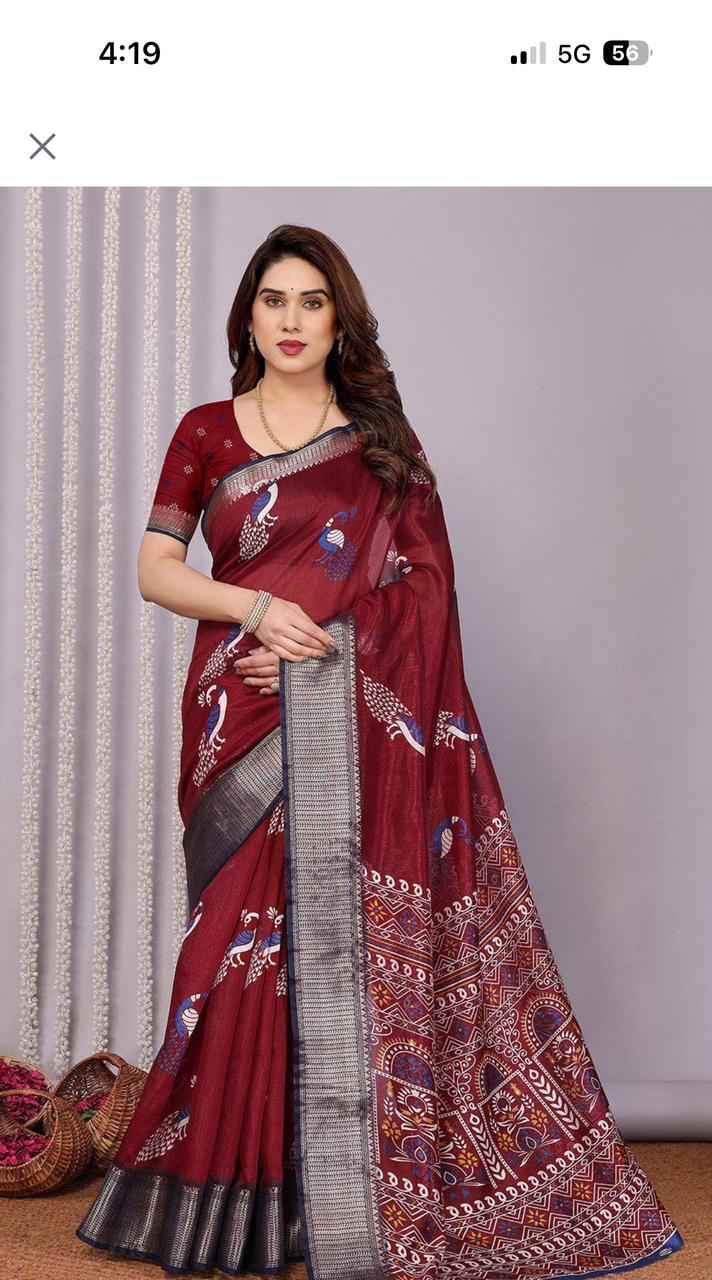 Ethnic Motifs Printed Zari Saree