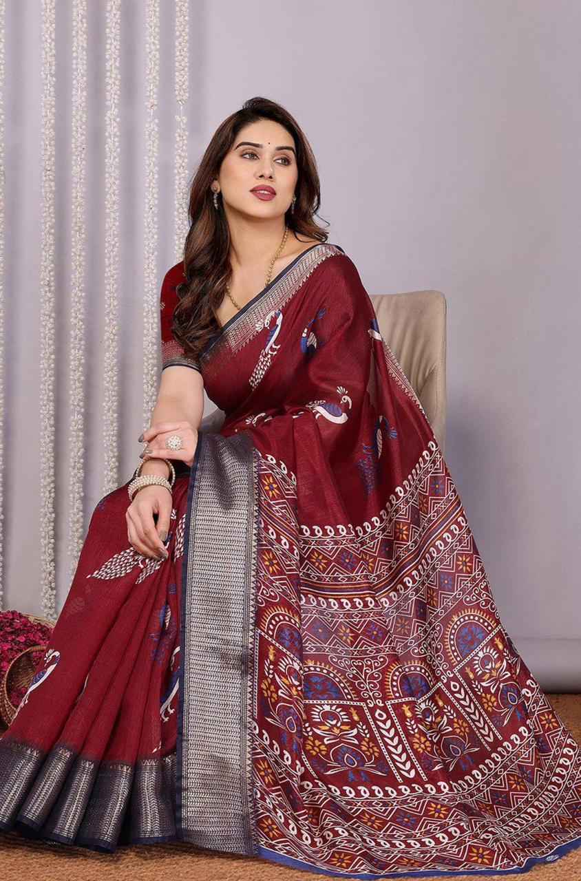 Ethnic Motifs Printed Zari Saree