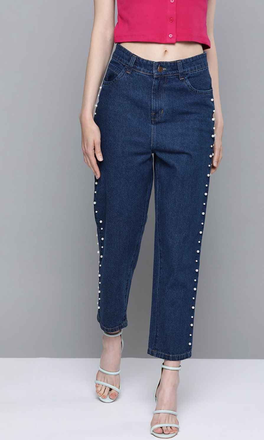 Women Navy Blue Pure Cotton Side Jeans