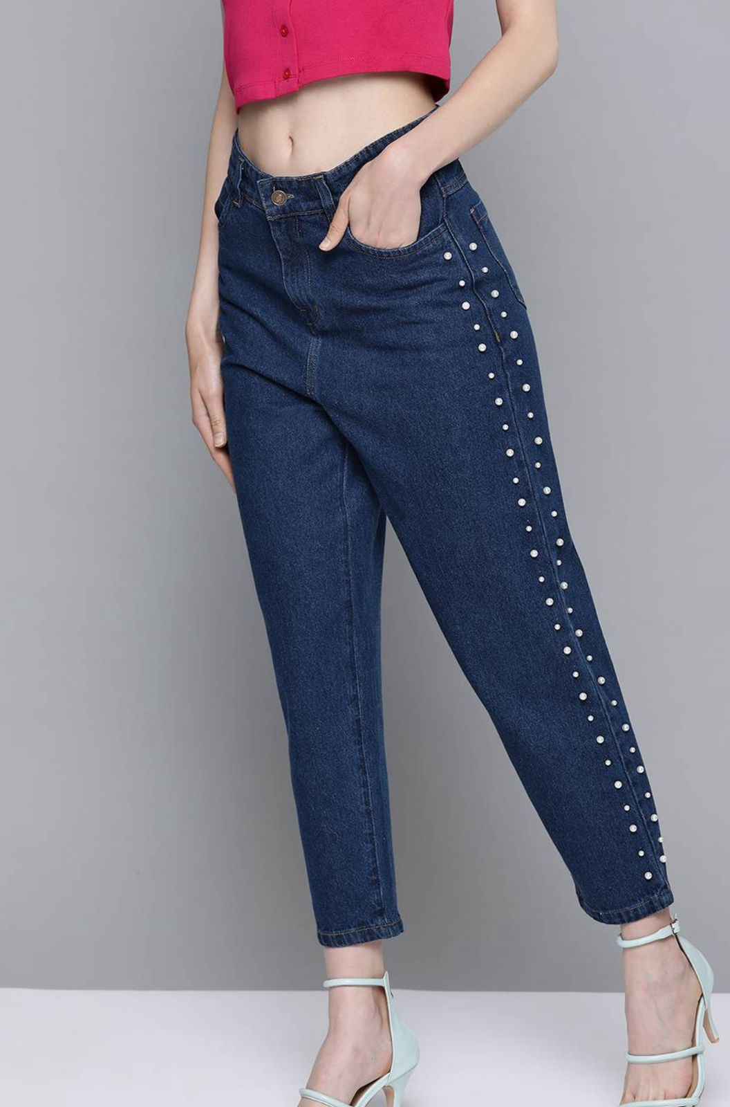 Women Navy Blue Pure Cotton Side Jeans