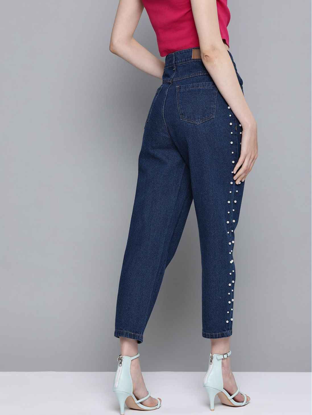 Women Navy Blue Pure Cotton Side Jeans