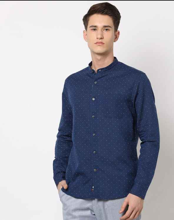 Printed Slim Fit Shirt with Band-Collar