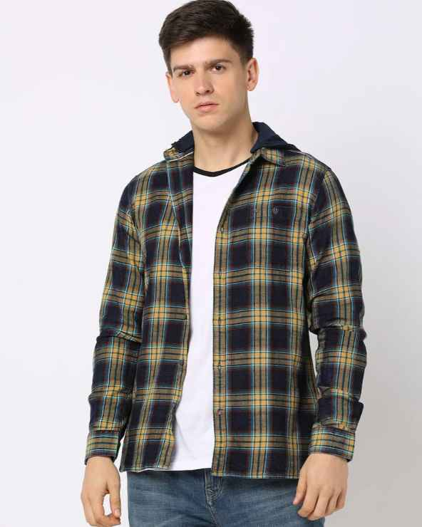 Checked Cotton Shirt with Hoodie