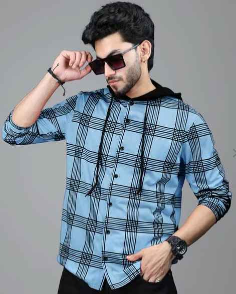 EYEBOGLER Men Checked Regular Fit Hooded Shirt