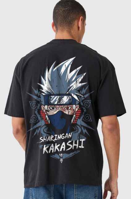 PRONK Sharingan Kakashi Printed Drop-Shoulder Sleeves Cotton Oversized T-Shirt