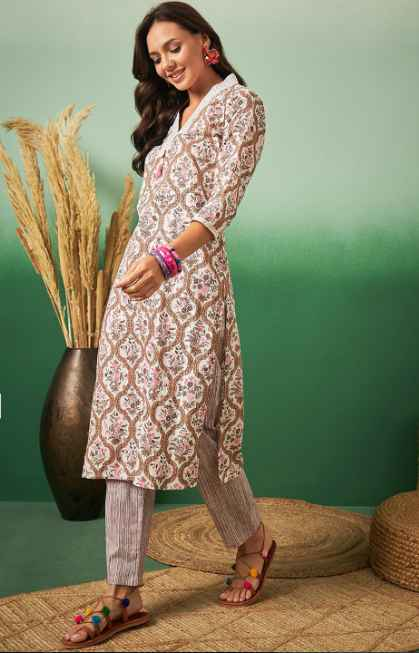 Sangria Floral Printed V-Neck Kurta With Trousers