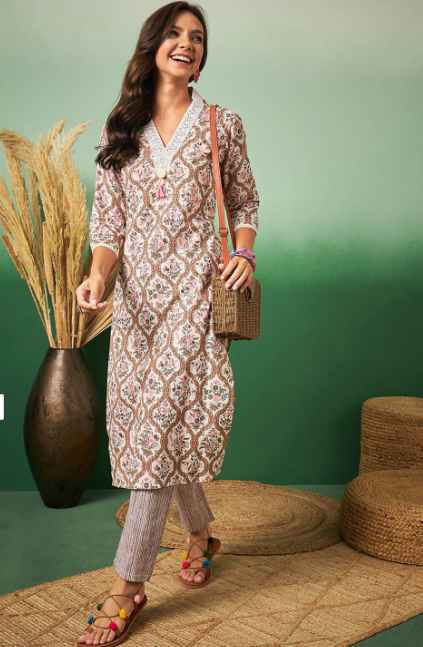 Sangria Floral Printed V-Neck Kurta With Trousers