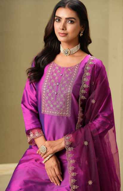 Sangria Magenta Yoke Design Embroidered Zari Straight Kurta With Trousers & Dupatta