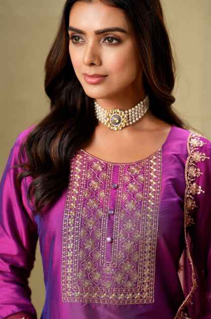 Sangria Magenta Yoke Design Embroidered Zari Straight Kurta With Trousers & Dupatta