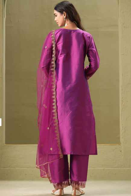 Sangria Magenta Yoke Design Embroidered Zari Straight Kurta With Trousers & Dupatta