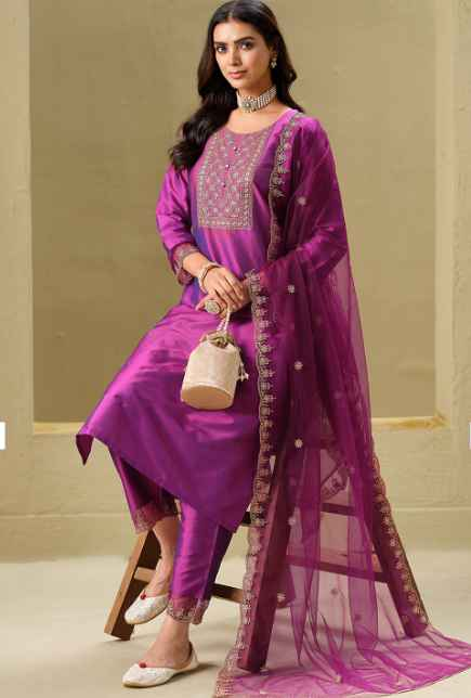 Sangria Magenta Yoke Design Embroidered Zari Straight Kurta With Trousers & Dupatta