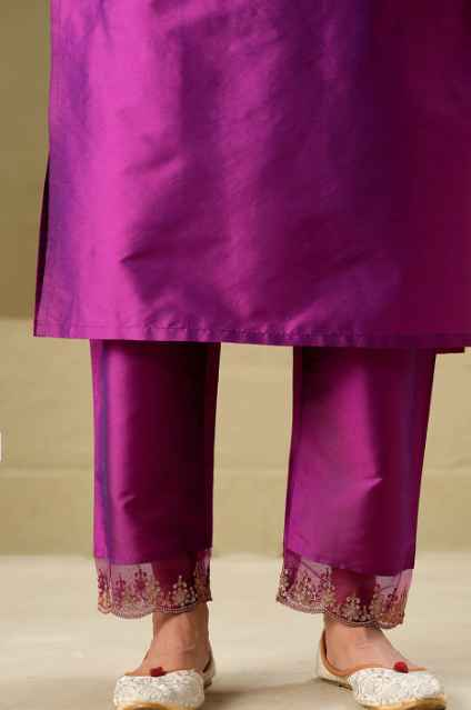 Sangria Magenta Yoke Design Embroidered Zari Straight Kurta With Trousers & Dupatta