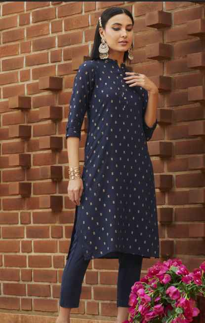 Sangria Women Navy Blue & Golden Printed Kurta with Trousers