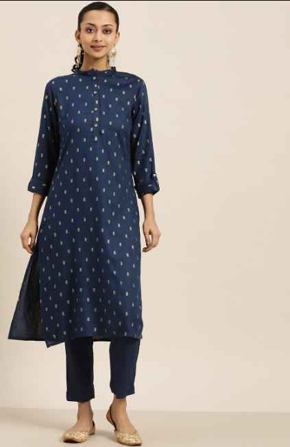 Sangria Women Navy Blue & Golden Printed Kurta with Trousers