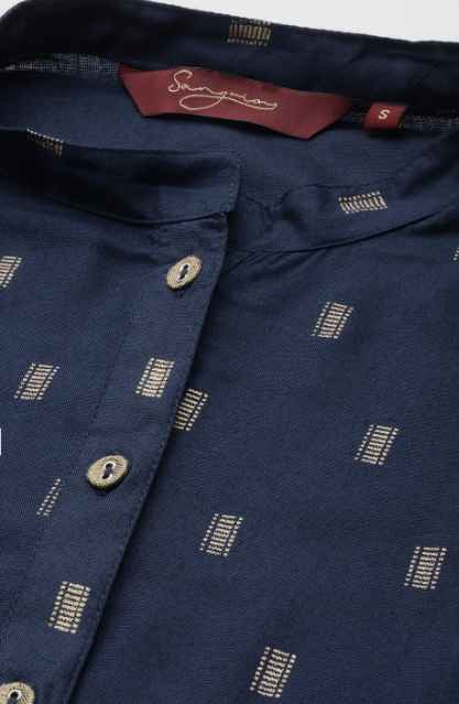 Sangria Women Navy Blue & Golden Printed Kurta with Trousers