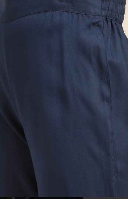Sangria Women Navy Blue & Golden Printed Kurta with Trousers