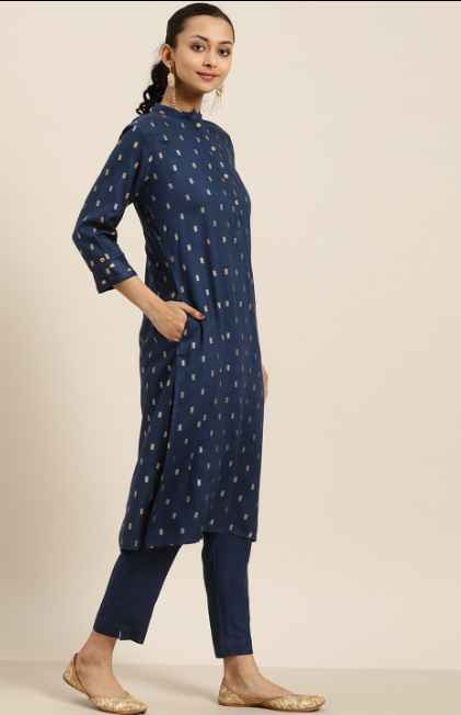 Sangria Women Navy Blue & Golden Printed Kurta with Trousers