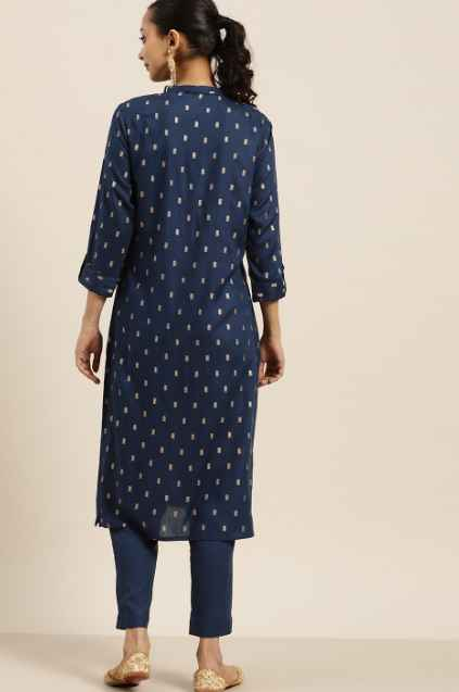Sangria Women Navy Blue & Golden Printed Kurta with Trousers