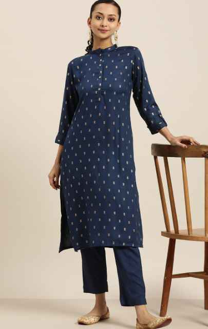 Sangria Women Navy Blue & Golden Printed Kurta with Trousers