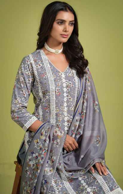 Sangria Floral Printed Pure Cotton Straight Kurtas Trouser With Dupatta
