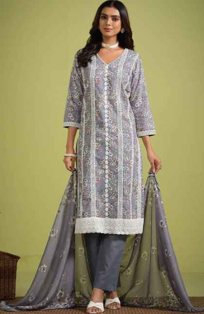 Sangria Floral Printed Pure Cotton Straight Kurtas Trouser With Dupatta