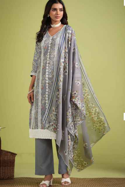 Sangria Floral Printed Pure Cotton Straight Kurtas Trouser With Dupatta
