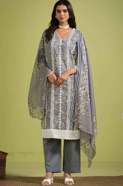 Sangria Floral Printed Pure Cotton Straight Kurtas Trouser With Dupatta