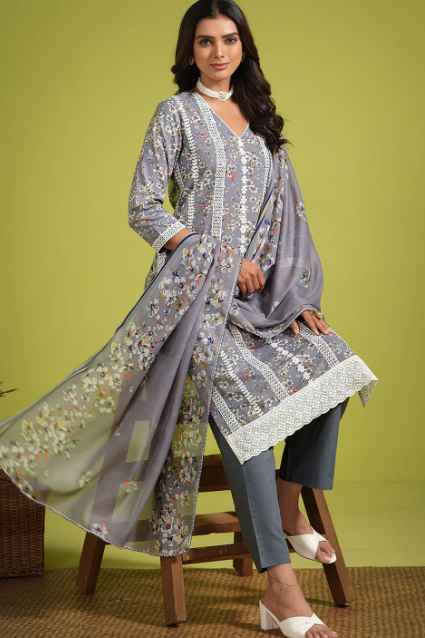 Sangria Floral Printed Pure Cotton Straight Kurtas Trouser With Dupatta