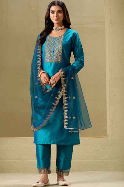 Sangria Floral Embroidered Straight Kurta & Trousers With Dupatta