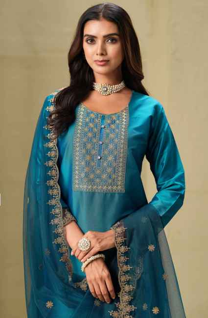 Sangria Floral Embroidered Straight Kurta & Trousers With Dupatta