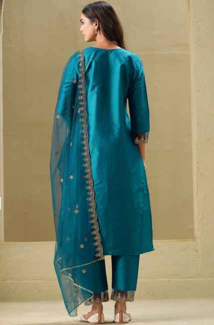 Sangria Floral Embroidered Straight Kurta & Trousers With Dupatta