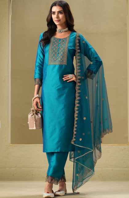 Sangria Floral Embroidered Straight Kurta & Trousers With Dupatta