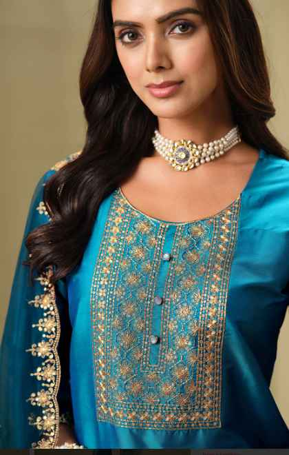 Sangria Floral Embroidered Straight Kurta & Trousers With Dupatta