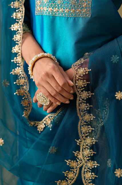 Sangria Floral Embroidered Straight Kurta & Trousers With Dupatta