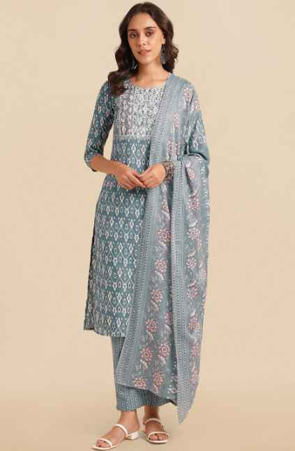 KALINI Ethnic Motifs Printed Pure Cotton Kurta With Trousers & Dupatta
