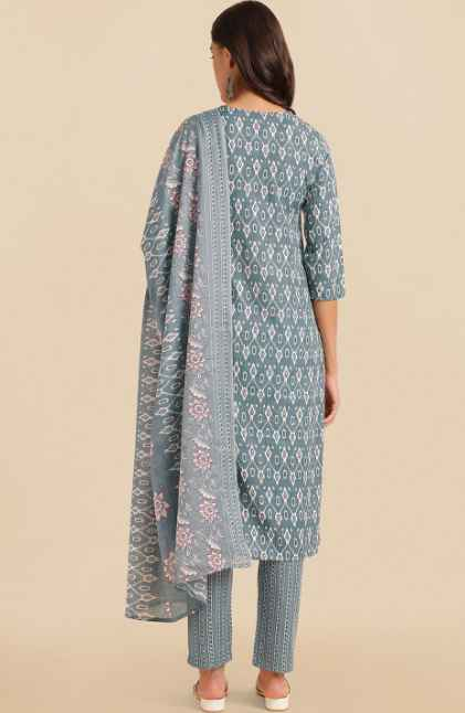 KALINI Ethnic Motifs Printed Pure Cotton Kurta With Trousers & Dupatta